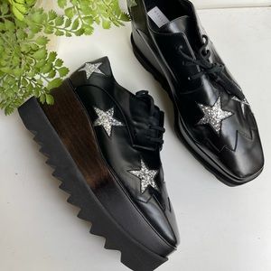 Stella McCartney chevron star cut-out Oxford Sneaker black leather platform 40